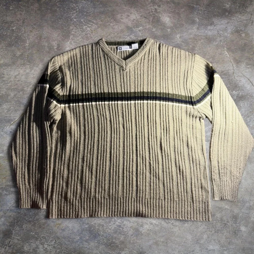 Xtremegear Mens XL Cream Ribbed Knit Striped V-Neck Acrylic Sweater Khaki Green